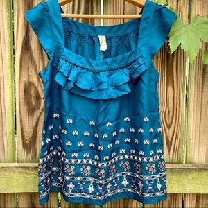 Anthropologie Blue Silk Embroidered Ruffle Top